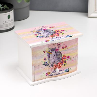Шкатулка для украшений 1 ящик музыкальная «Комод. Единорог в цветах», дерево, 11×14.7×10.6 см