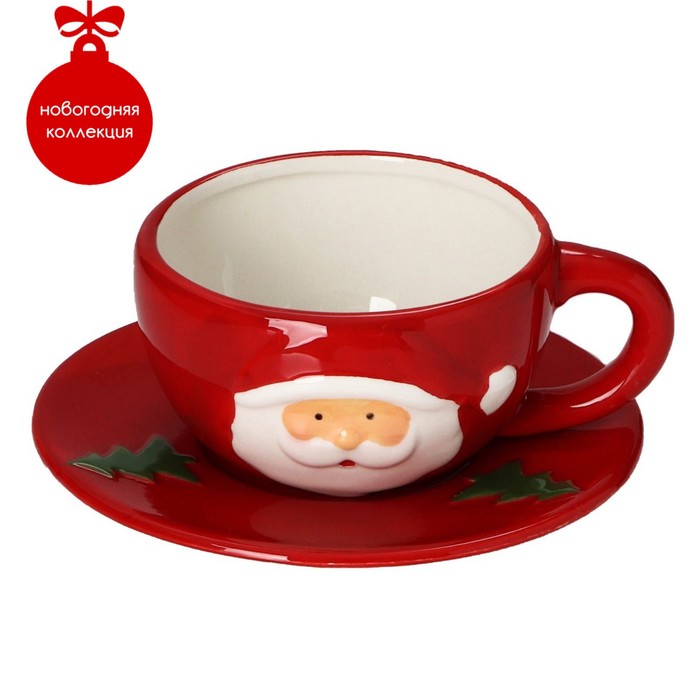 Чайная пара Доляна «Дедушка Мороз», 2 предмета: чашка 225 мл, блюдце, цвет красный - Фото 1