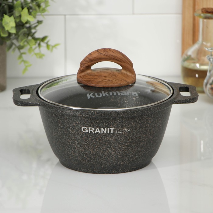 Кастрюля Granit ultra, 1 л, d=18 см, h=14,5 см, стеклянная крышка, антипригарное покрытие, цвет коричневый - Фото 1