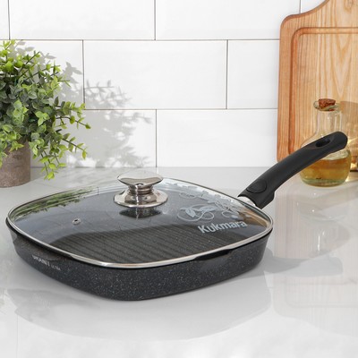 Сковорода-гриль KUKMARA Granit ultra, 28×28 см, квадратная, съёмная ручка, стеклянная крышка, антипригарное покрытие, алюминий, чёрная