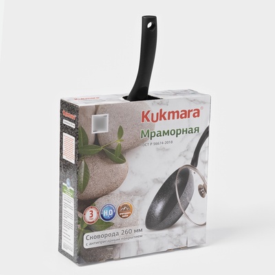 Сковорода KUKMARA «Мраморная», d=26 см, пластиковая ручка, стеклянная крышка, антипригарное покрытие, литой алюминий, серая