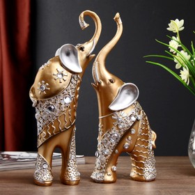 Сувенир полистоун "Золотистые слоны с белыми стразами" набор 2 шт 28,5х21х8,3 см