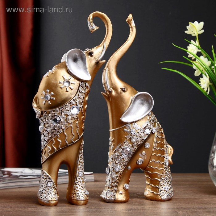 Сувенир полистоун Золотистые слоны с белыми стразами набор 2 шт 28,5х21х8,3 см