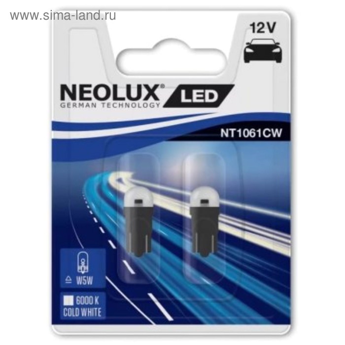 Лампа светодиодная Neolux 12 В, 6000K, W5W, 0.5 Вт, W2.1x9.5d, набор 2 шт, NT1061CW-02B - Фото 1