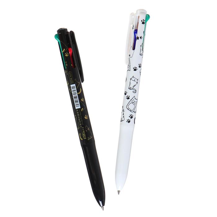 Ручка шариковая, автоматическая 4 - х цветная, цвет корпуса МИКС с рисунком, штрихкод на штуке