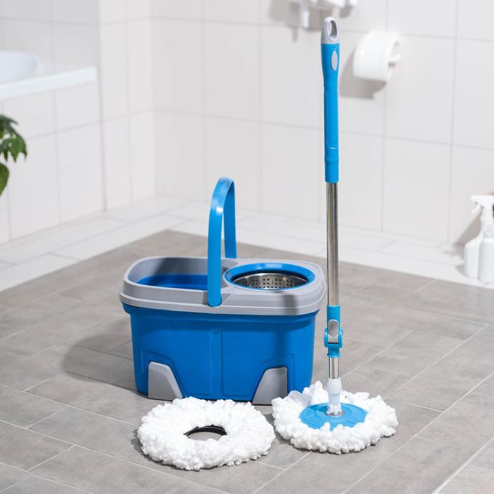 Швабра с отжимом и ведро на колёсиках с металлической центрифугой, 17 л, запасная насадка из микрофибры - Фото 1
