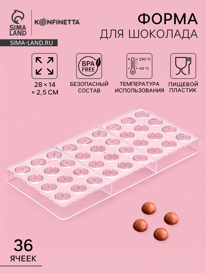 Форма для конфет и шоколада KONFINETTA «Полусфера», 28×14 см, 36 ячеек 2×1 см, пластик, прозрачная