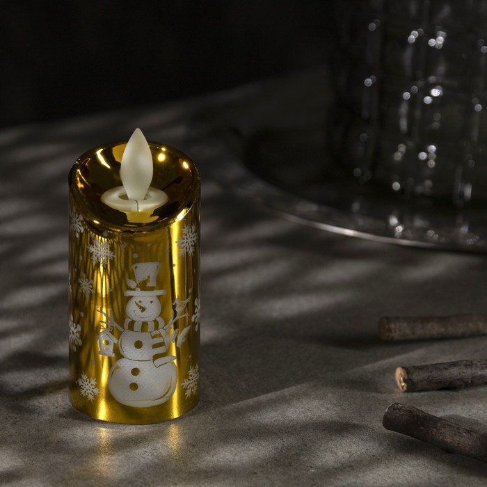 Светодиодная фигура «Золотистая свеча со снеговиком» 5 × 9 × 5 см, пластик, батарейки AG13х3, свечение тёплое белое - фото 1884965595