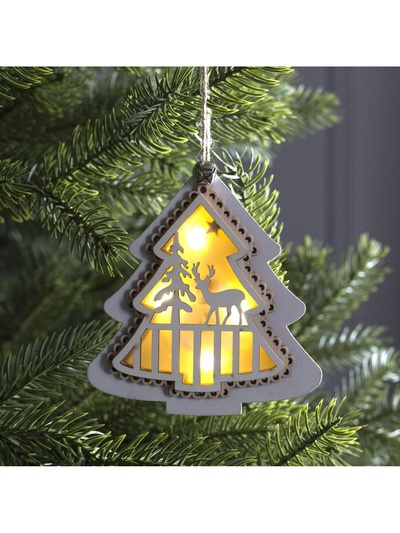 Ёлочная игрушка «Ёлочка с оленем», 10×10×2 см, 4 LED, от батареек, свечение тёплое белое