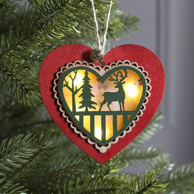 Ёлочная игрушка «Красное сердце с оленем», от батареек, свечение тёплое белое