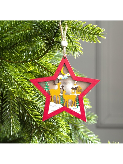 Ёлочная игрушка «Красная звезда с оленями», 10×10×1 см, 3 LED, от батареек, свечение тёплое белое