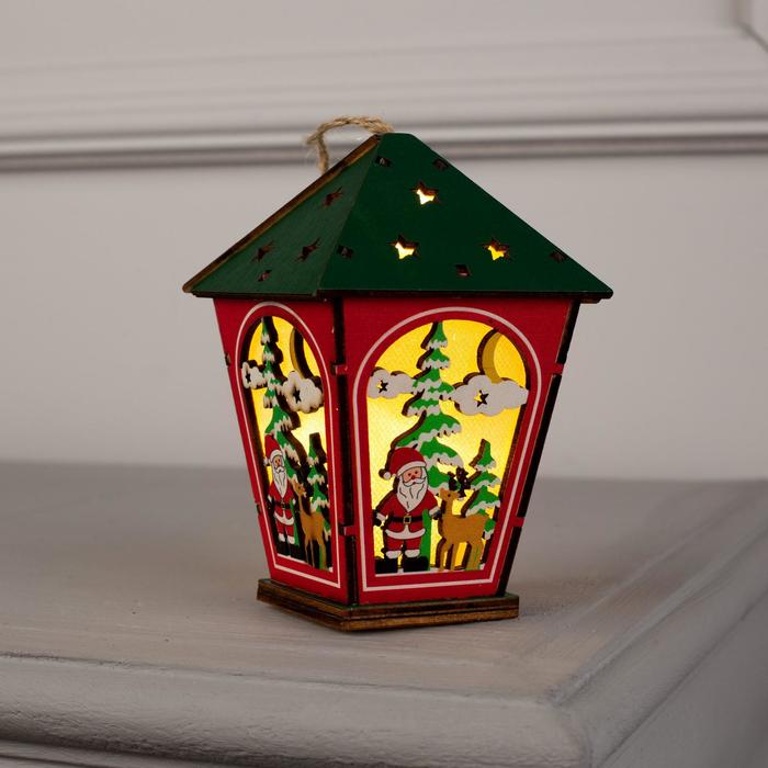 Ёлочная игрушка «Фонарь с Дедом Морозом», от батареек, свечение тёплое белое - фото 1927501830
