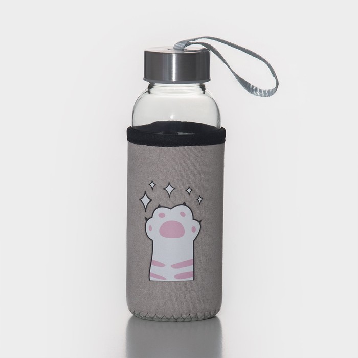 Бутылка для воды стеклянная в чехле «Лапки», 300 мл, h=17 см, цвет розовый - Фото 1