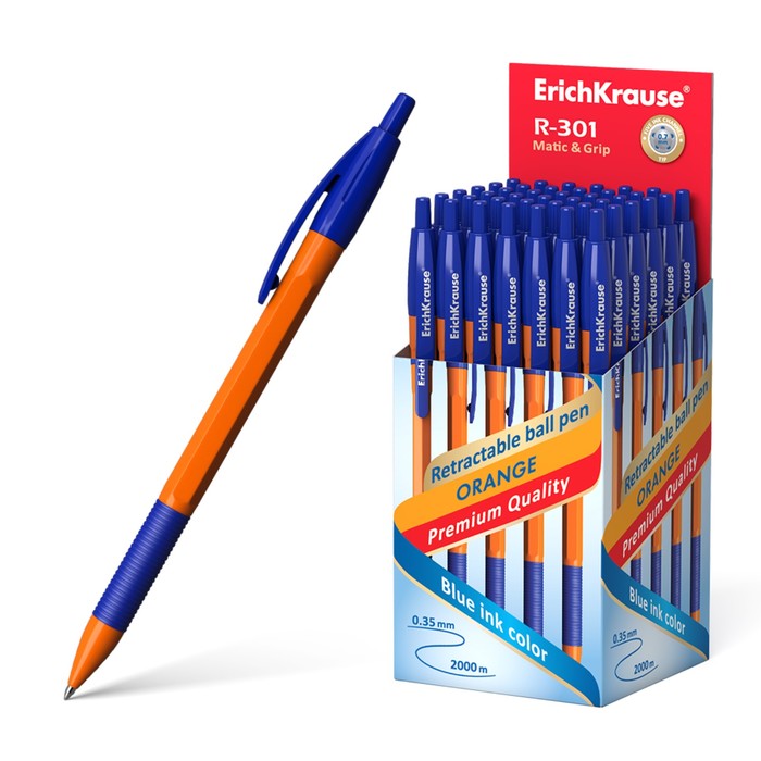 Ручка шариковая Erich Krause R-301 Orange Matic & Grip, автомат, стержень синий, 0,7 мм