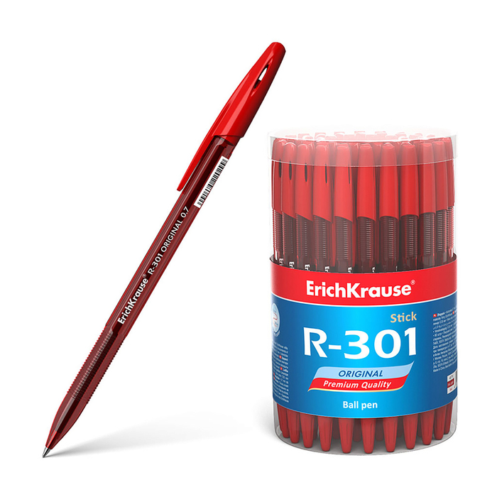 Ручка шариковая ErichKrause R-301 Original Stick, узел 0.7 мм, европодвес, чернила красные - Фото 1