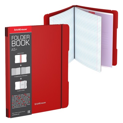 Тетрадь на спирали ErichKrause. FolderBook А5+, 96 листов, в клетку, съёмная пластиковая обложка, на резинке, блок офсет, 100% белизна, красная