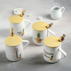 Кружка керамическая с крышкой и ложкой «Ананас», 400 мл, рисунок МИКС - фото 25314235