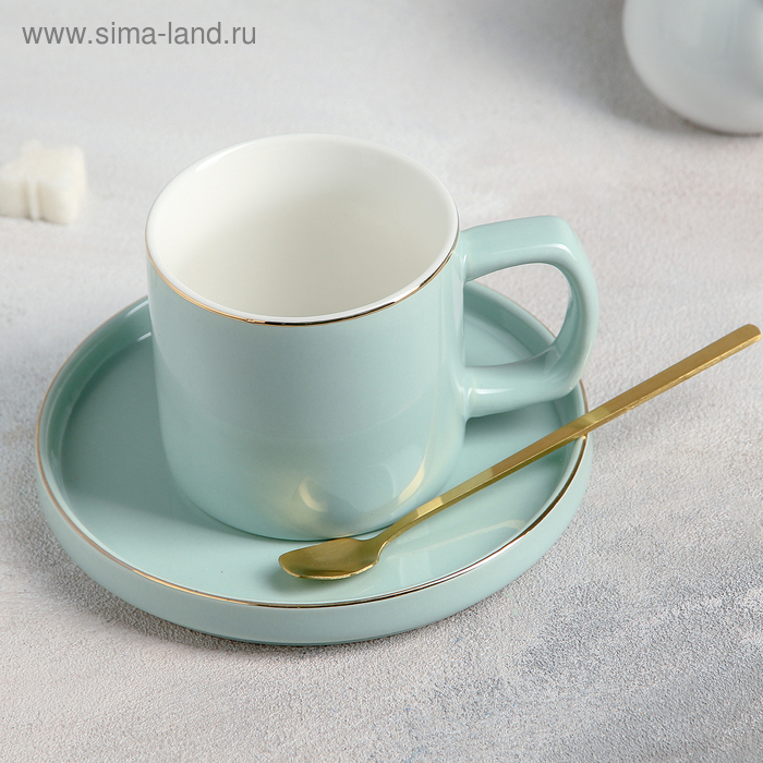 Чайная пара «Грация», чашка 220 мл, блюдце d=14,5 см, ложка, цвет серо-голубой - Фото 1