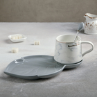 Чайная пара керамическая «Листочек», 3 предмета: чашка 320 мл, блюдце 25,5×16 см, ложка, цвет серый - Фото 1