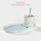 Чайная пара керамическая «Листочек», 3 предмета: чашка 320 мл, блюдце 25,5×16 см, ложка, цвет голубой - фото 4287270