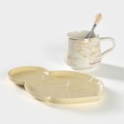Чайная пара керамическая «Листочек», 3 предмета: чашка 320 мл, блюдце 25,5×16 см, ложка, цвет жёлтый - фото 4287280