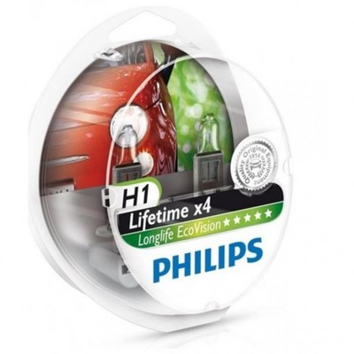 Лампа автомобильная Philips LongLife EcoVision, H1, 12 В, 55 Вт, набор 2 шт, 12258LLECOS2
