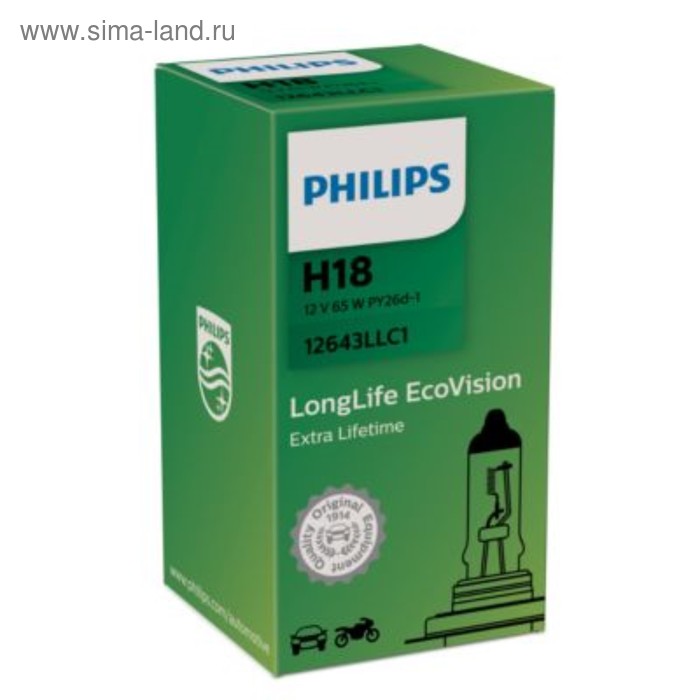 Лампа автомобильная Philips LongLife EcoVision, H18, 12 В, 65 Вт, 12643LLC1 - Фото 1