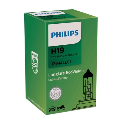 Лампа автомобильная Philips LongLife EcoVision, H19, 12 В, 60/55 Вт, 12644LLC1