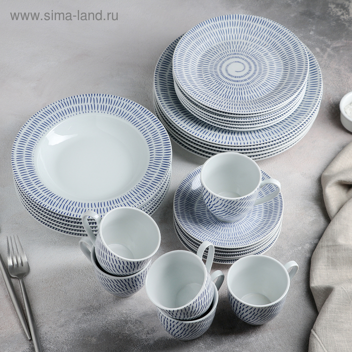 Набор посуды керамической Доляна «Антик», 24 предмета: тарелки d=19,5/20,5/24 см, чайная пара 200 мл, цвет белый - Фото 1