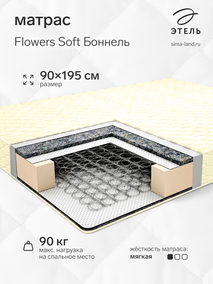 Матрас «Этель. Flowers Soft Боннель», размер 900×1950 мм, высота 180 мм, жаккард - Фото 1