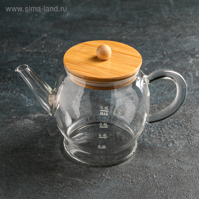 Чайник стеклянный заварочный с бамбуковой крышкой и металлическим фильтром «Эко. Бабл», 800 мл, 22×12,5×15 см - Фото 1