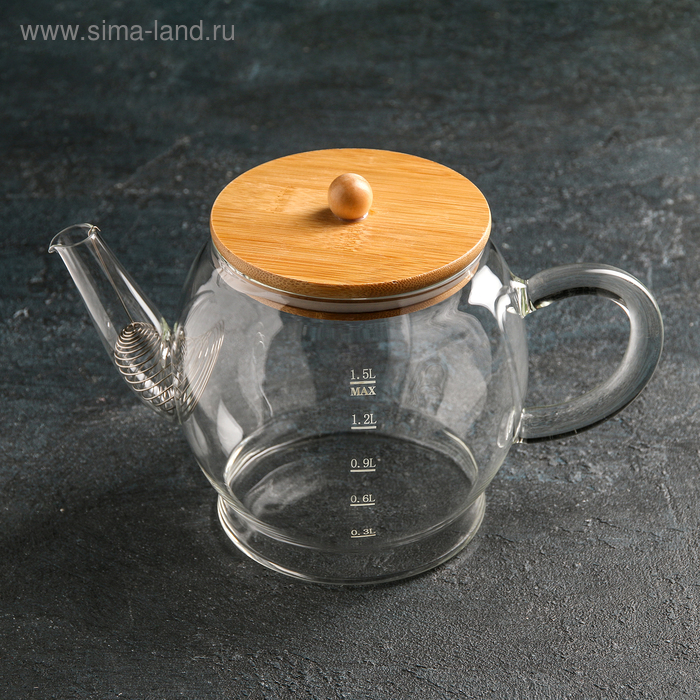 Чайник стеклянный заварочный с бамбуковой крышкой и металлическим фильтром «Эко. Бабл», 1,5 л, 26,5×14×16,5 см - Фото 1