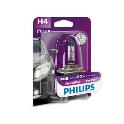 Лампа автомобильная Philips Vision Plus H4 P43t, 12 В, 60/55 Вт, +60%, 12342VPB1