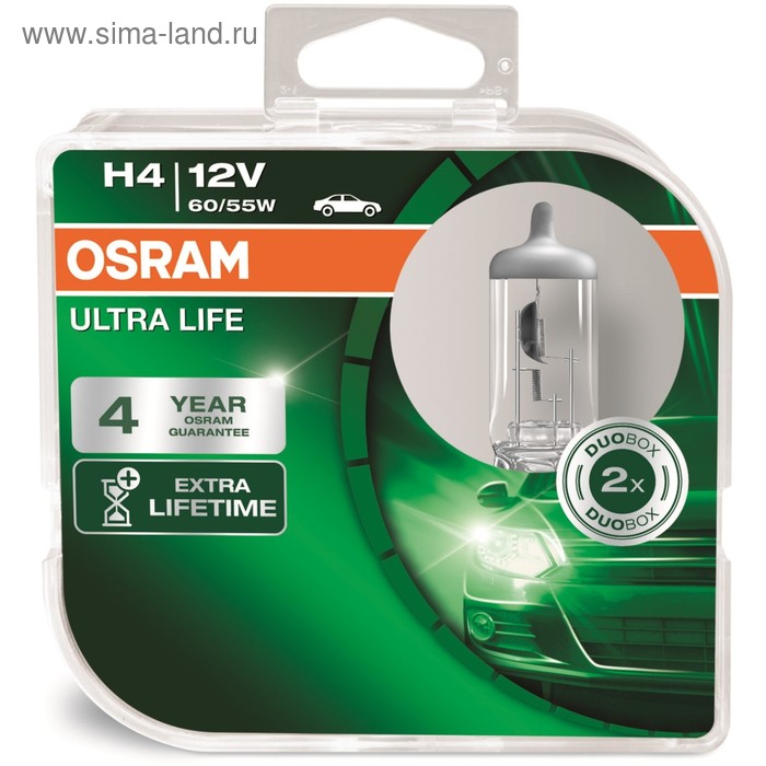 Лампа автомобильная Osram Ultra Life, H4, 12 В, 60/55 Вт, набор 2 шт, 64193ULT-HCB - Фото 1