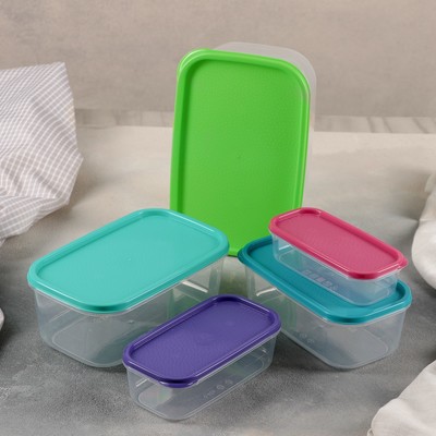 Набор пищевых контейнеров «Радуга», 5 шт: 250 мл, 450 мл, 800 мл, 1,3 л, 2,1 л, прозрачный, крышки МИКС