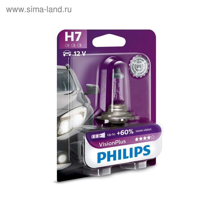 Лампа автомобильная Philips Vision Plus +60%, H7, 12 В, 55 Вт, 12972VPB1 - Фото 1
