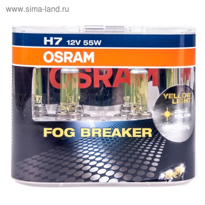 Лампа автомобильная Osram Fog Breaker +60%, H7, 12 В, 55 Вт, набор 2 шт, 62210FBR-HCB - Фото 1