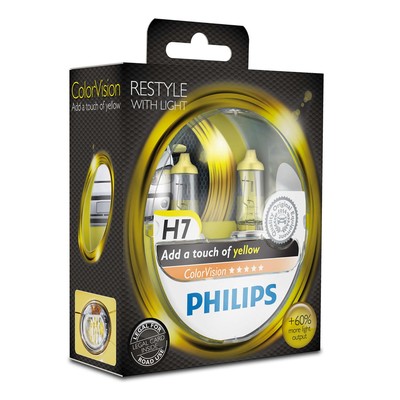 Лампа автомобильная Philips Color Vision, желтый, H7, 12 В, 55 Вт, 2 шт, 12972CVPYS2