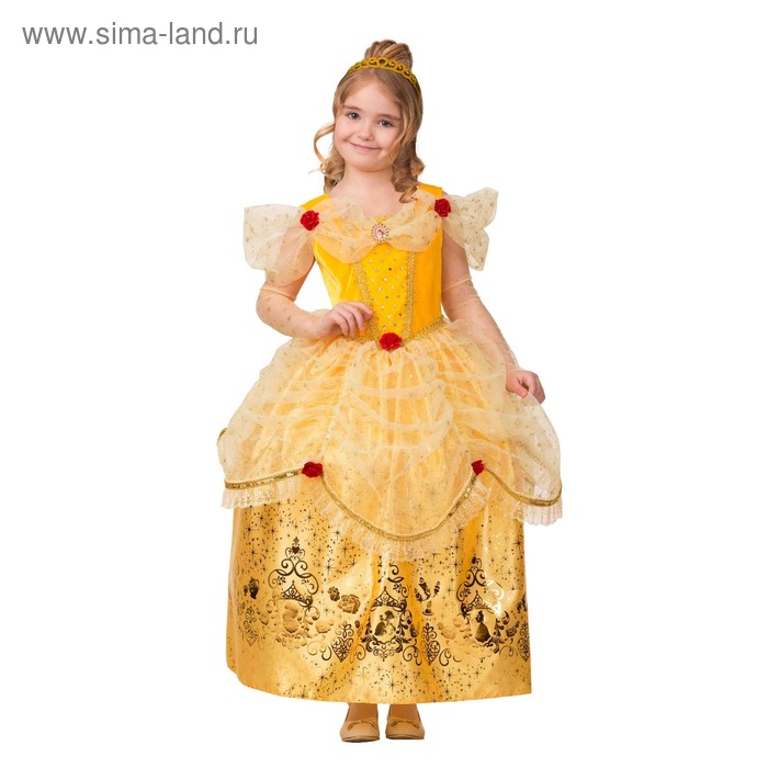 Карнавальный костюм «Принцесса Белль», текстиль-принт, платье, перчатки, брошь, р. 32, рост 122 см