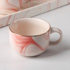 Набор керамический чайный «Мрамор», 6 предметов: чайник 800 мл, 4 кружки 170 мл, поднос 31×21×2,5 см, цвет розовый - Фото 2