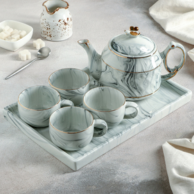 Набор керамический чайный «Мрамор», 6 предметов: чайник 800 мл, 4 кружки 170 мл, подставка 31×21 см, цвет серый