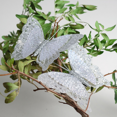 Бабочка для декора и флористики, на прищепке, пластиковая, серебряная, микс, 1 шт.,10 см