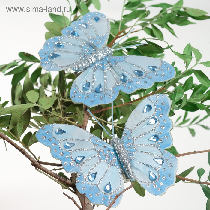 Бабочка для декора и флористики, на прищепке, пластиковая, голубая, микс, 1 шт., 7 х 9 х 1 см - Фото 1