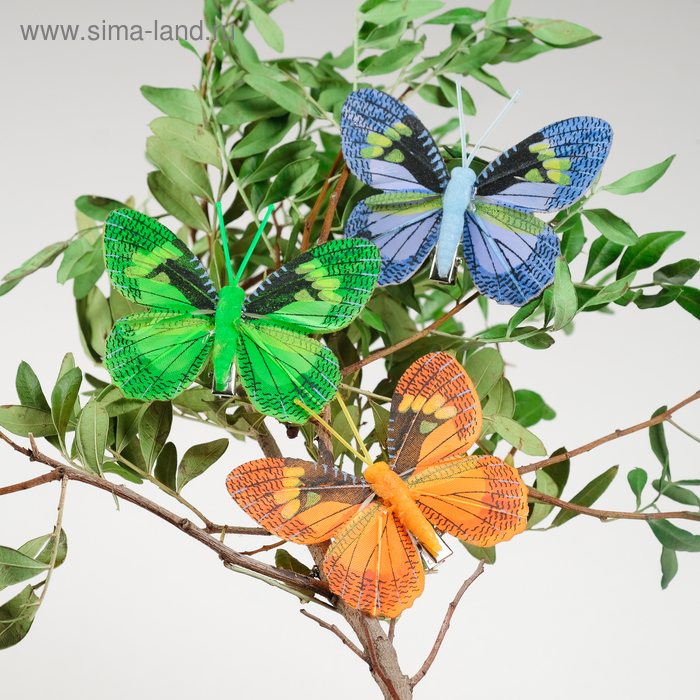 Бабочка для декора и флористики, на прищепке, пластиковая, микс, 1 шт., 8 см - Фото 1
