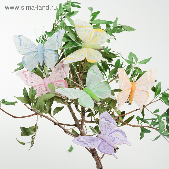 Бабочка для декора и флористики, на прищепке, пластиковая, микс, 1 шт., 7 х 6 х 1 см - Фото 1