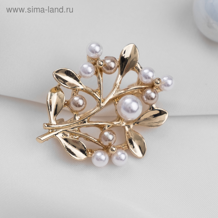 Брошь «Веточка» с бусинами, цвет бело-золотой в золоте - Фото 1