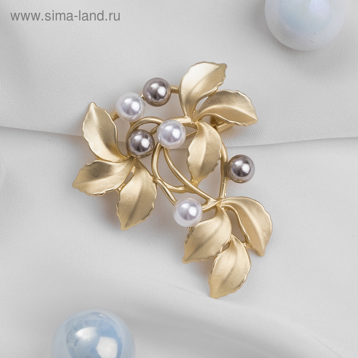 Брошь «Веточка» листы с бусинами, цвет бело-золотой в матовом золоте - Фото 1