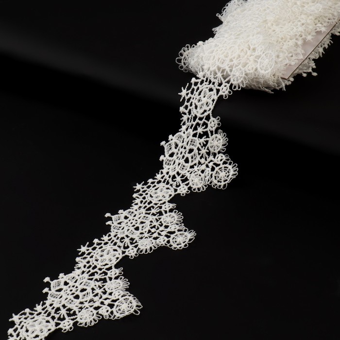 Кружево гипюровое, 70 мм × 9 ± 0,5 м, цвет кипенно-белый