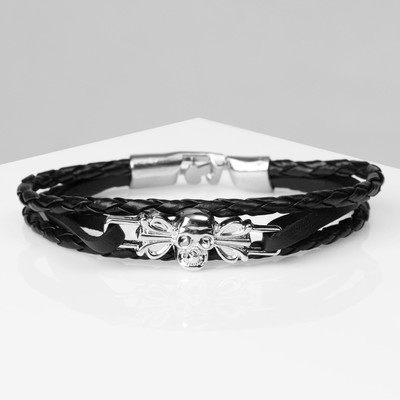 Браслет мужской «Крепость» череп, цвет чёрный с серебром, 21.5 см