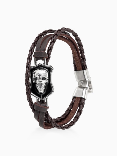 Браслет кожаный «Гордон» череп, коричневый с серебром, 21.5 см